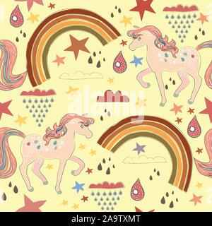 Seamless Terracotta pattern with Unicorns and rainbows. Repeating pattern. Childish Design. Vector Illustration Stock Vector