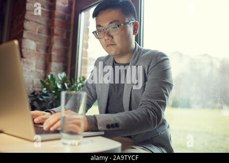 Portrait of young Asian businessman using laptop while working in office by window, copy space Stock Photo