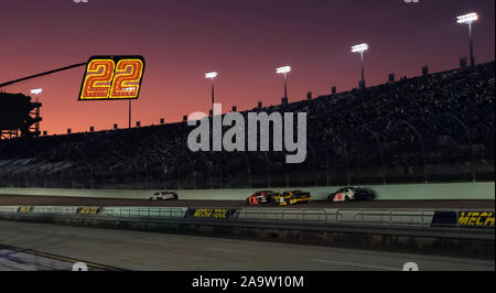 Homestead, United States. 17th Nov, 2019. Sunset falls at the NASCAR Ford EcoBoost 400 Cup Series Championship at Homestead-Miami Speedway in Homestead, Florida on Sunday, November 17, 2019. This is the last championship race to be held at the Homestead-Miami Speedway. Next season the championship will move to Phoenix, Arizona. Photo By Gary I Rothstein/UPI Credit: UPI/Alamy Live News Stock Photo