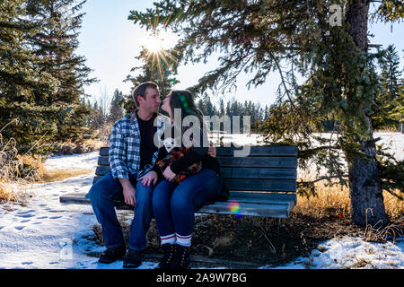 A couple in their thirties, with a white chihuahua, sitting on a park bench, sharing a special moment, surrounded by trees and a bright sunburst. Stock Photo