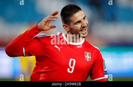 Belgrade. 17th Nov, 2019. Serbia's Aleksandar Mitrovic celebrates after scoring during the group B match between Serbia and Ukraine at the UEFA Euro 2020 qualifier in Belgrade, Serbia on Nov. 17, 2019. Credit: Predrag Milosavljevic/Xinhua/Alamy Live News Stock Photo