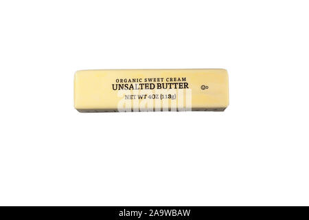 A stick of organic, unsalted butter isolated on a white background. cutout image for illustration and editorial use. Stock Photo