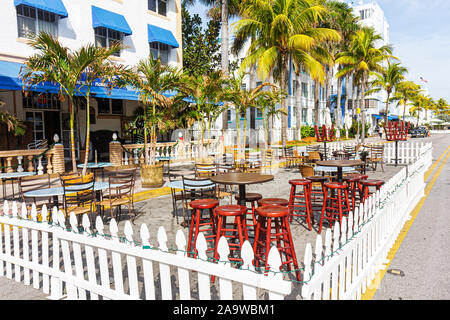 Miami Beach Florida,Ocean Drive,New Year's Day,al fresco sidewalk outside tables,dining,restaurant restaurants food dining cafe cafes,empty,tables,FL1