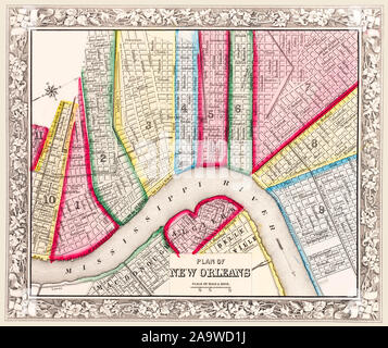 Map of New Orleans, first published circa 1863. I have selected interesting, old 19th and early 20th century graphic images for digital restoration. Stock Photo