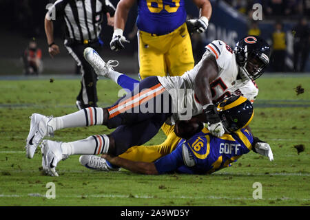 Los Angeles, United States. 17th Nov, 2019. Bears linebacker Roquan Smith (58) tackles Rams quarterback Jared Goff (16) at the United Airlines Coliseum in Los Angeles, November 17, 2019. Photo by Jon SooHoo/UPI Credit: UPI/Alamy Live News Stock Photo