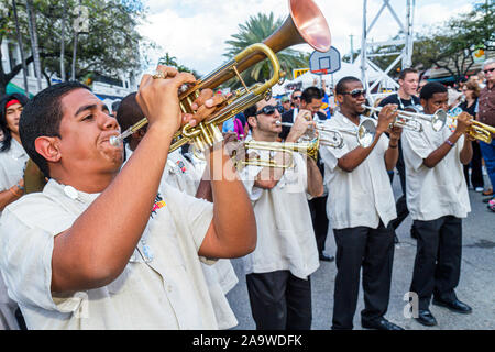 Miami Florida,Coral Gables,Carnaval on the Mile,Hispanic festival,Miami Street Band,Black man men male,marching,dancing,perform,music,FL100307033 Stock Photo