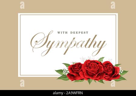 Condolences sympathy card floral red roses bouquet and lettering Stock Vector