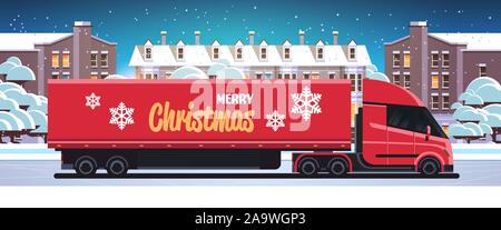 delivery semi truck driving city street shipping transport for merry christmas happy new year winter holidays celebration concept horizontal snowy cityscape background flat vector illustration Stock Vector