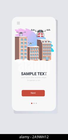 drones delivering gift present boxes sky transportation shipping air mail express delivery concept quadcopters over urban city houses smartphone screen online mobile app vertical vector illustration Stock Vector