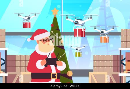 santa claus holding remove controller drone with gift present boxes flying in modern warehouse interior christmas holidays celebration concept portrait horizontal vector illustration Stock Vector