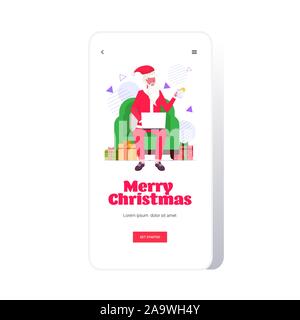 santa claus sitting in armchair using laptop and drinking tea merry christmas happy new year winter holidays celebration concept smartphone screen online mobile app full length vector illustration Stock Vector