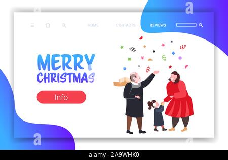 family celebrating merry christmas happy new year winter holidays concept father mother and son having confetti party horizontal greeting card full length vector illustration Stock Vector