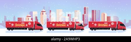 delivery semi trucks driving city street shipping transport for merry christmas happy new year winter holidays celebration concept horizontal snowy cityscape background flat vector illustration Stock Vector