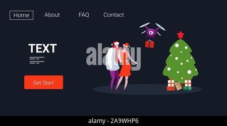 man woman in santa claus hat getting gift present box from drone delivery christmas new year holiday concept couple catching parcel shipping by air horizontal full length copy space vector illustration Stock Vector