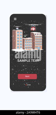drones delivering gift present boxes sky transportation shipping air mail express delivery concept quadcopters over urban city houses smartphone screen online mobile app vertical vector illustration Stock Vector