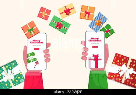 santa claus and elf hands using online mobile app merry christmas happy new year winter holidays celebration concept smartphone screen horozontal vector illustration Stock Vector