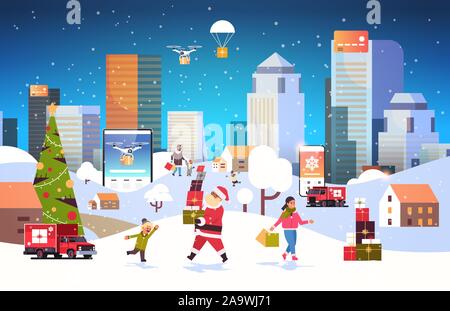 santa claus carrying gift boxes people with shopping bags walking outdoor preparing for christmas new year holidays men women using online mobile application winter cityscape background horizontal vector illustration Stock Vector