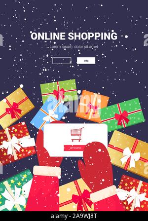 santa hands using mobile app online shopping concept christmas holidays celebration smartphone screen vertical copy space vector illustration Stock Vector