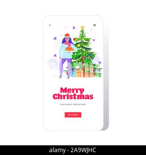 woman in santa claus hat holding roasted turkey or duck merry christmas happy new year winter holidays celebration concept smartphone screen online mobile app vector illustration Stock Vector