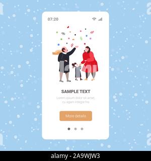 family celebrating merry christmas happy new year winter holidays concept father mother and son having confetti party smartphone screen online mobile app full length vector illustration Stock Vector