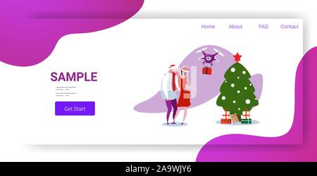 man woman in santa claus hat getting gift present box from drone delivery christmas new year holiday concept couple catching parcel shipping by air horizontal full length copy space vector illustration Stock Vector