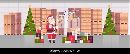 santa claus holding remove controller drone with gift present boxes flying in modern warehouse interior christmas holidays celebration concept full length horizontal vector illustration Stock Vector