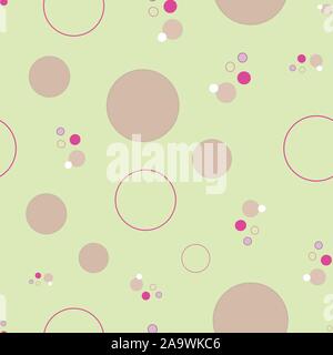 Circles on green, Bouncing circles, Pink bubbles floating over green background, seamless repeat vector. Surface Pattern Design Stock Vector