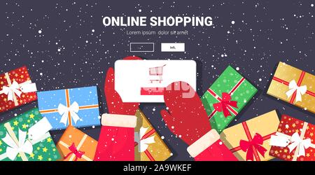 santa hands using mobile app online shopping concept christmas holidays celebration smartphone screen horizontal copy space vector illustration Stock Vector