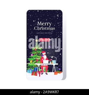 santa claus using laptop sitting at workplace near fir tree with gift boxes christmas new year holidays celebration concept smartphone screen online mobile app greeting card full length vector illustration Stock Vector