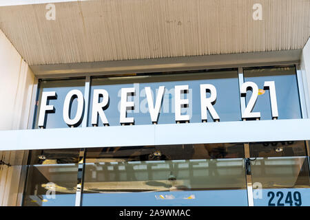 Nov 15, 2019 Pleasanton / CA / USA - Close up of Forever 21 logo at one of their stores located in East San Francisco Bay Area; Forever 21 filed for b Stock Photo