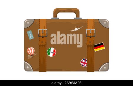 Old style vintage brown voyage suitcase with travel stickers hand drawn cartoon style. Vector illustration. Stock Vector