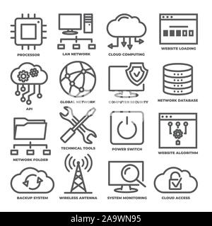 Technology line icons set on white background Stock Vector