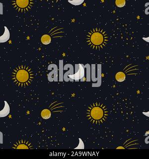 Blue galaxy seamless vector pattern background with sun, planets and star cosmic shapes. Stock Vector