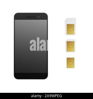SIM cards with smartphone. Vector illustration. Mobile networks and telecommunications. Stock Vector