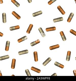 Pill capsules. Vector illustration. Medicament tablet. Seamless pattern background. Stock Vector
