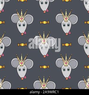 Rat funny princess character vector seamless pattern. Mouse animal with sweets and crown. Happy New Year symbol of 2020. Hand drawn cartoon cute pets Stock Vector