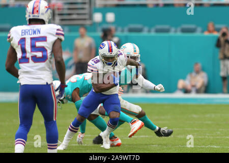 Buffalo Bills wide receiver Isaiah McKenzie (19), runs with the football,  during the second half at an NFL football game against the Miami Dolphins,  Sunday, Nov. 17, 2019, in Miami Gardens, Fla. (