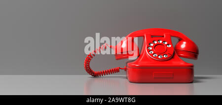 Retro vintage telephone on gray background, banner, copy space. 3d illustration Stock Photo