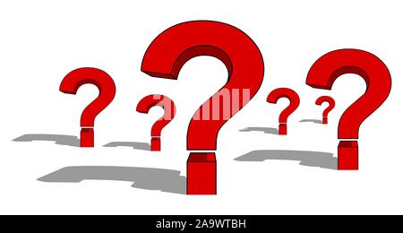 Red question marks against white background, pop art, cartoon, illustration Stock Photo