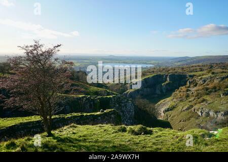 View from the top of the east cliff of Cheddar Gorge, Somerset, England, looking towards Cheddar Reservoir Stock Photo