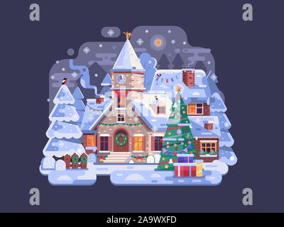 Holidays Christmas Village Night Scene with Church Stock Vector