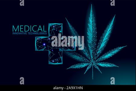 Low poly 3D medical marijuana leaf. Legalize medical pain treatment concept. Cannabis weed medicine cross symbol. Legal state traditional prescription Stock Vector