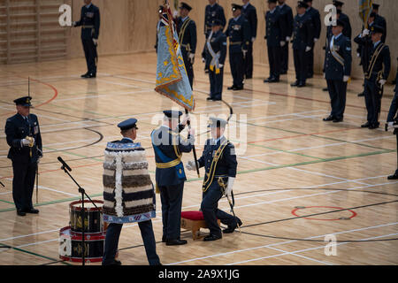 The Prince of Wales presents the new Queen's colours during a ceremony at Whenuapai Royal New Zealand Air Force (RNZAF) base, on the second day of the royal visit to New Zealand. PA Photo. Picture date: Monday November 18, 2019. See PA story ROYAL Tour. Photo credit should read: Victoria Jones/PA Wire Stock Photo