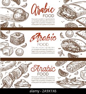 Arabic food and Middle eastern cuisine restaurant sketch banner Stock Vector