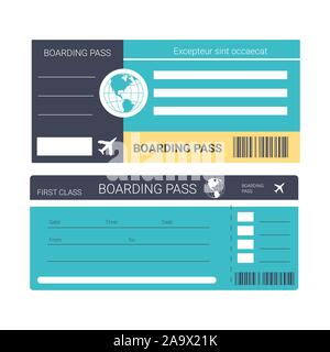 Airplane ticket or boarding pass isolated icons, traveling and tourism Stock Vector