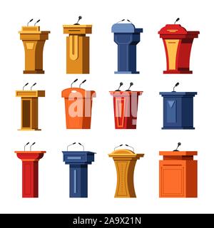 Podium or debate rostrum, pedestal or wooden tribune, stage stand Stock Vector