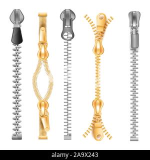 Zippers or fasteners isolated icons, pullers or tailor buckles Stock Vector