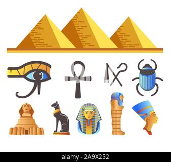 Egyptian Pyramids and Pharaohs, Egypt symbols and landmarks isolated icons Stock Vector