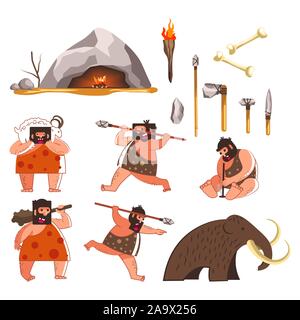 Stone age and caveman, prehistoric tools and weapon, isolated icons Stock Vector