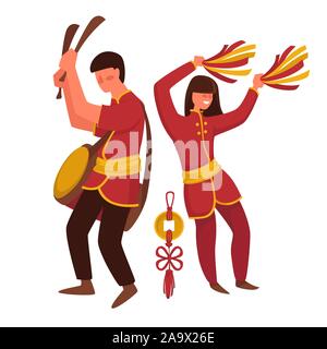 Chinese man and woman in traditional clothing, pompoms and drum Stock Vector